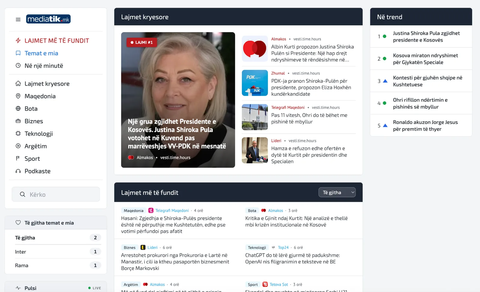 Mediatik.mk Albanian-language news aggregator screenshot